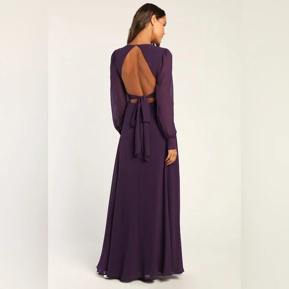 Lulus Talk About Divine Long Sleeve V-Neck Maxi Dress Purple Tie Backless large - Picture 3 of 3